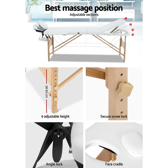 Zenses Massage Table 70cm 3 Fold Wooden Portable Beauty Therapy Bed Waxing White - RnR Galore