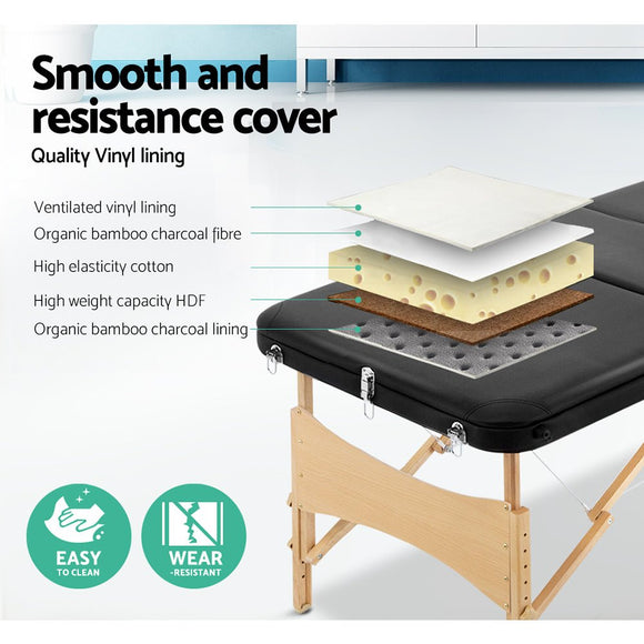 Zenses Massage Table 75cm 3 Fold Wooden Portable Beauty Therapy Bed Waxing Black - RnR Galore