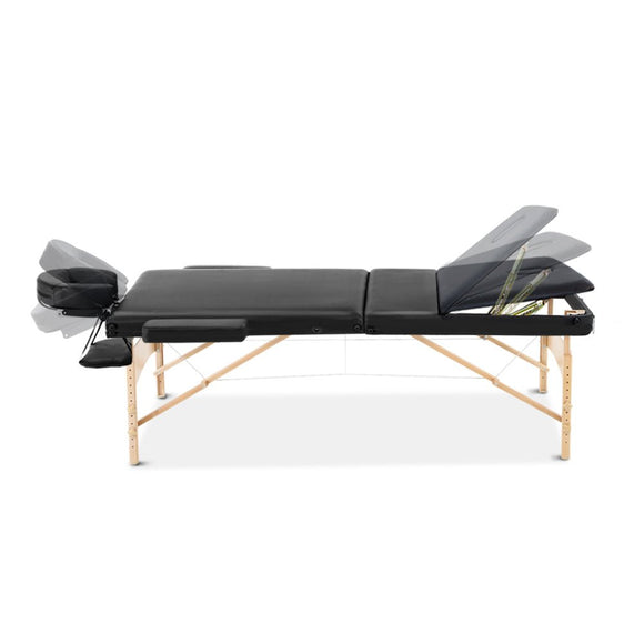 Zenses Massage Table 75cm 3 Fold Wooden Portable Beauty Therapy Bed Waxing Black - RnR Galore