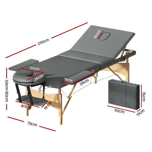 Zenses Massage Table 75cm 3 Fold Wooden Portable Beauty Therapy Bed Waxing Grey - RnR Galore